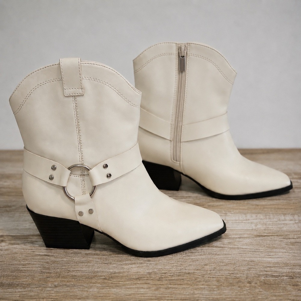 Open Edit Womens Off White Leather Harness Western‎ Ankle Boots Pointed Toe 10M